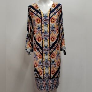 Chico's Ikat Medallion Shift Dress 3/4 Slit Sleeves Women's Size Large